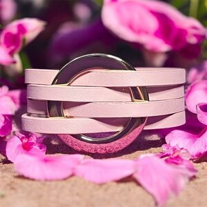 Boho Pink Faux Leather Wrap Bracelet with Metal Circle Charm